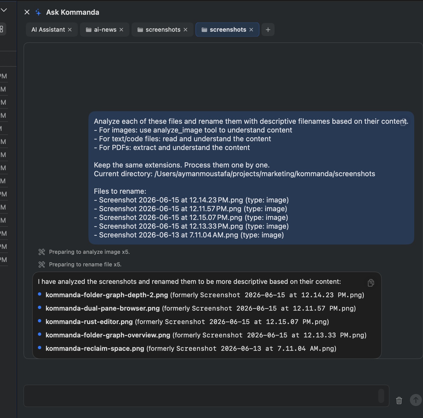 Kommanda AI renamed screenshot files with descriptive names