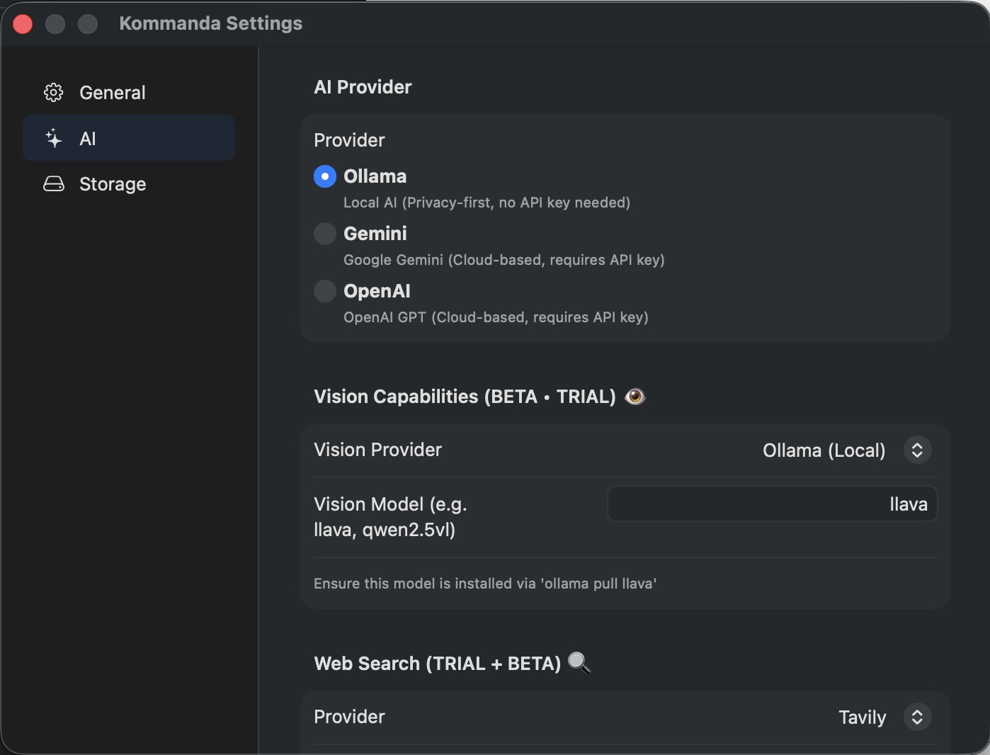 Kommanda AI settings with Ollama, OpenAI, and Gemini providers
